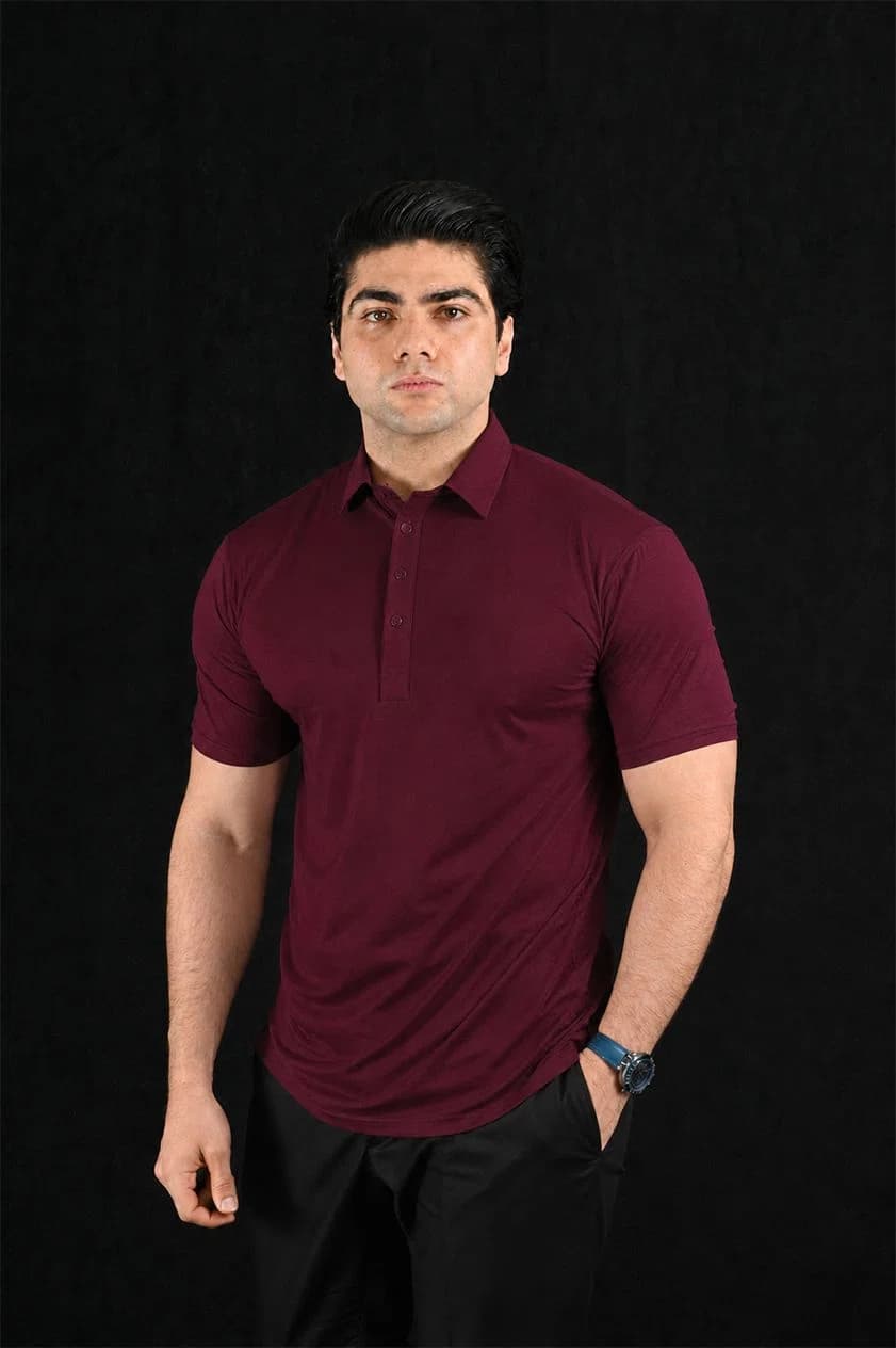Plain Burgundy Semi-Spread Dress Collar Polo – View 3