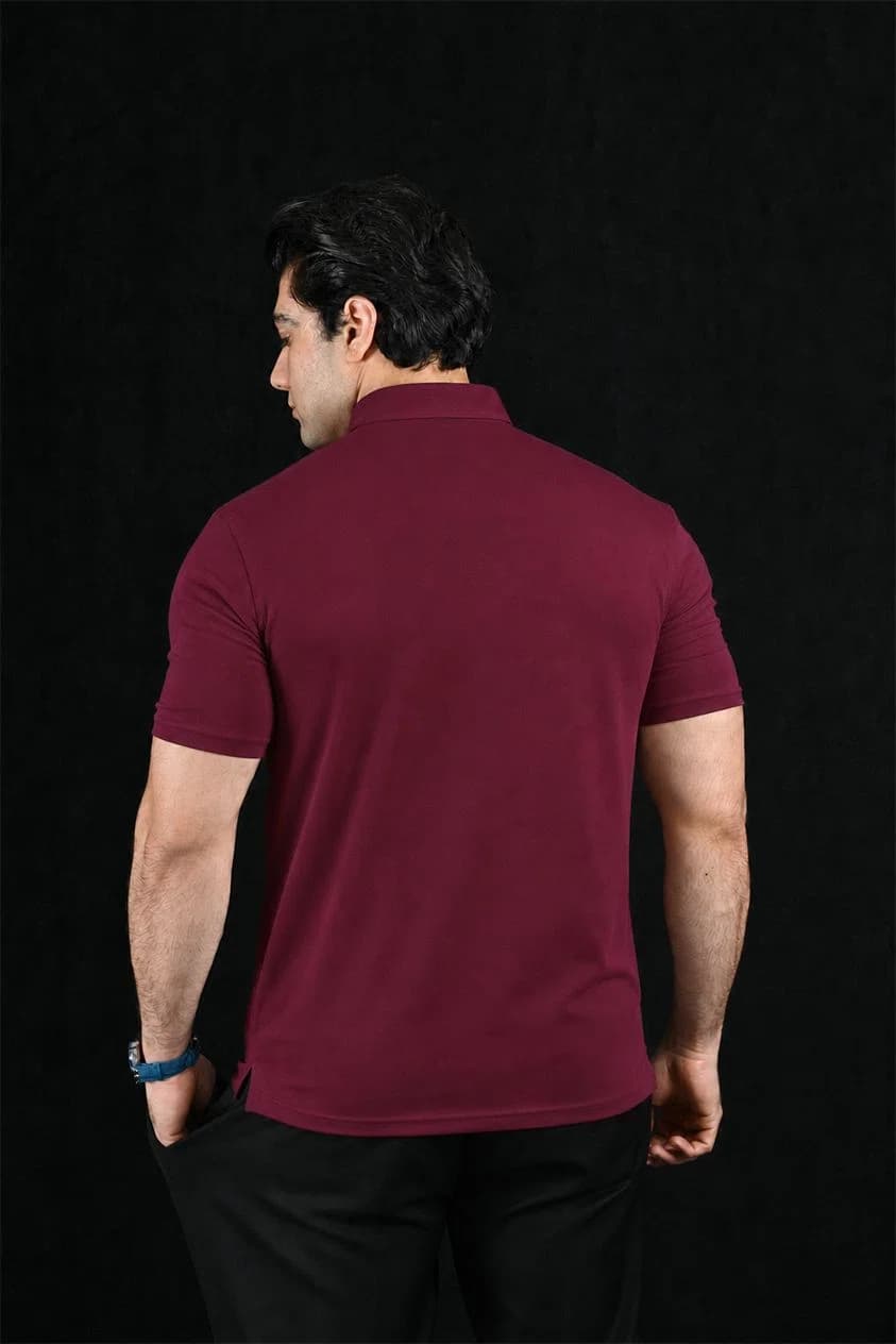 Plain Burgundy Semi-Spread Dress Collar Polo – View 2