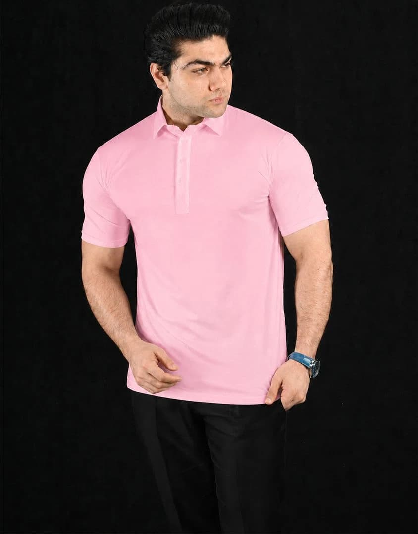 Plain Pink Semi-Spread Dress Collar Polo – View 1