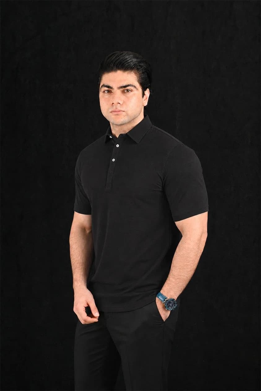 Plain Black Semi-Spread Dress Collar Polo – View 4