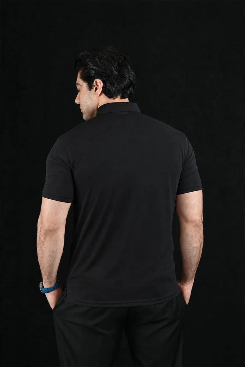Plain Black Semi-Spread Dress Collar Polo – View 2