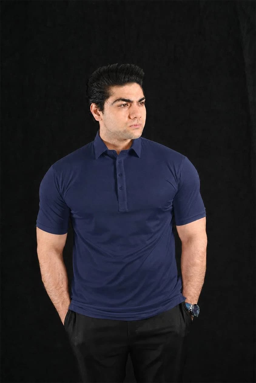 Plain Navy Semi-Spread Dress Collar Polo – View 4