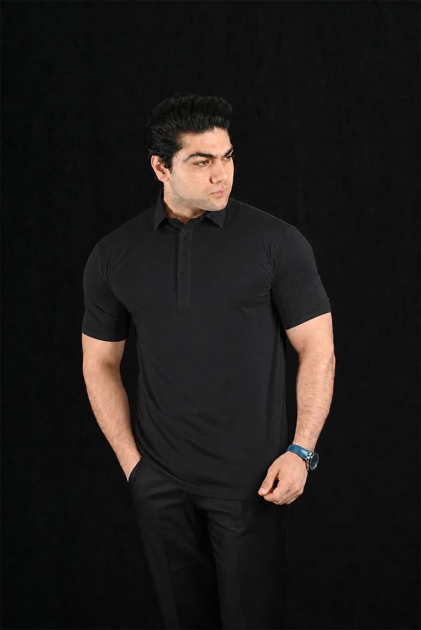 Plain Black Semi-Spread Dress Collar Polo – View 5