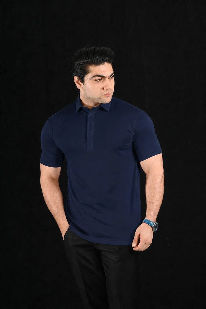 Plain Navy Semi-Spread Dress Collar Polo – View 3