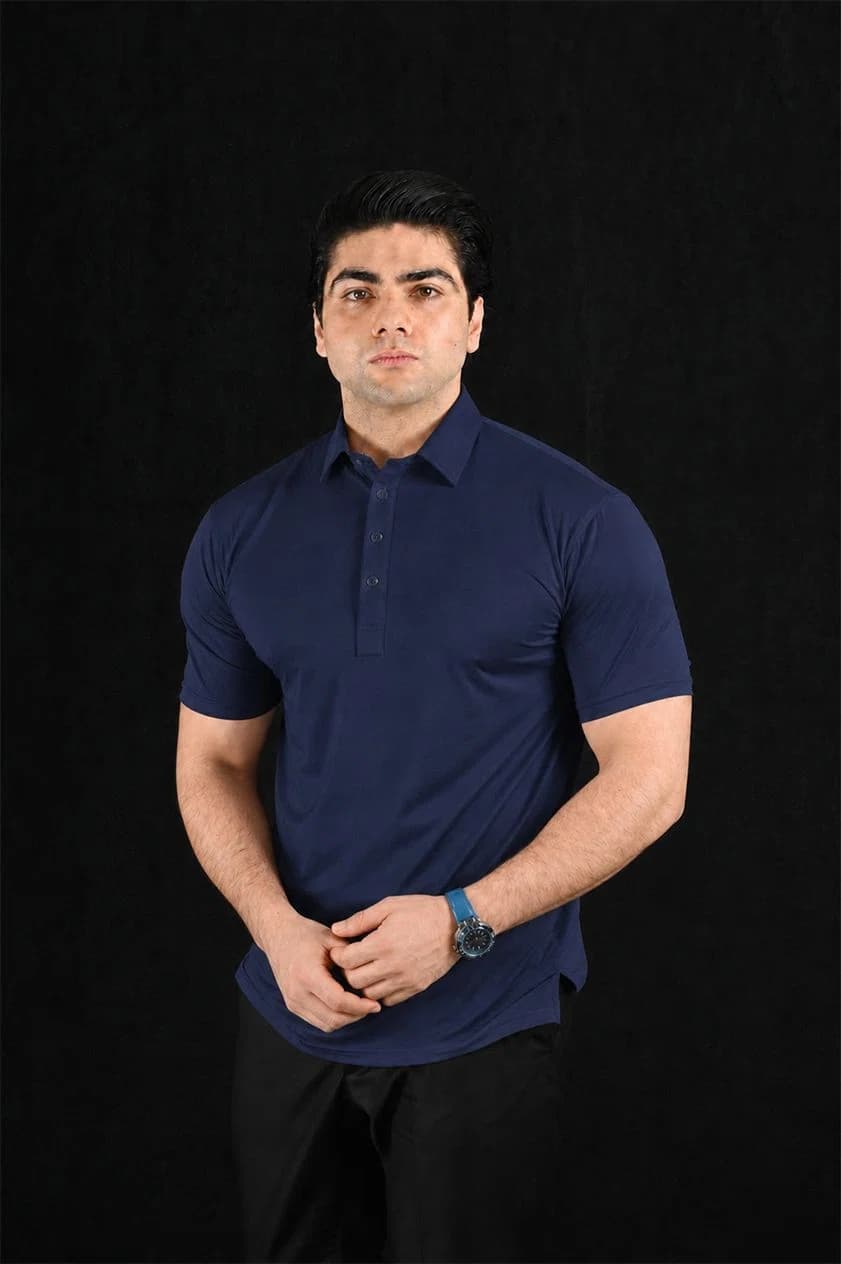 Plain Navy Semi-Spread Dress Collar Polo – View 1