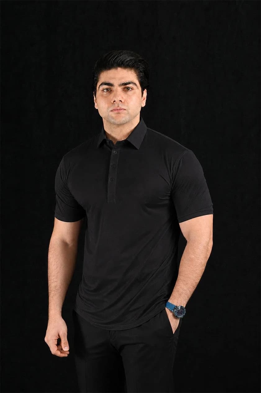 Plain Black Semi-Spread Dress Collar Polo – View 6