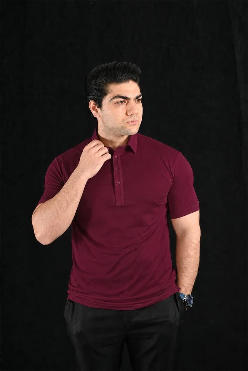 Plain Burgundy Semi-Spread Dress Collar Polo – View 4