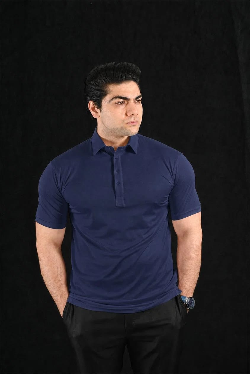 Plain Navy Semi-Spread Dress Collar Polo – View 4
