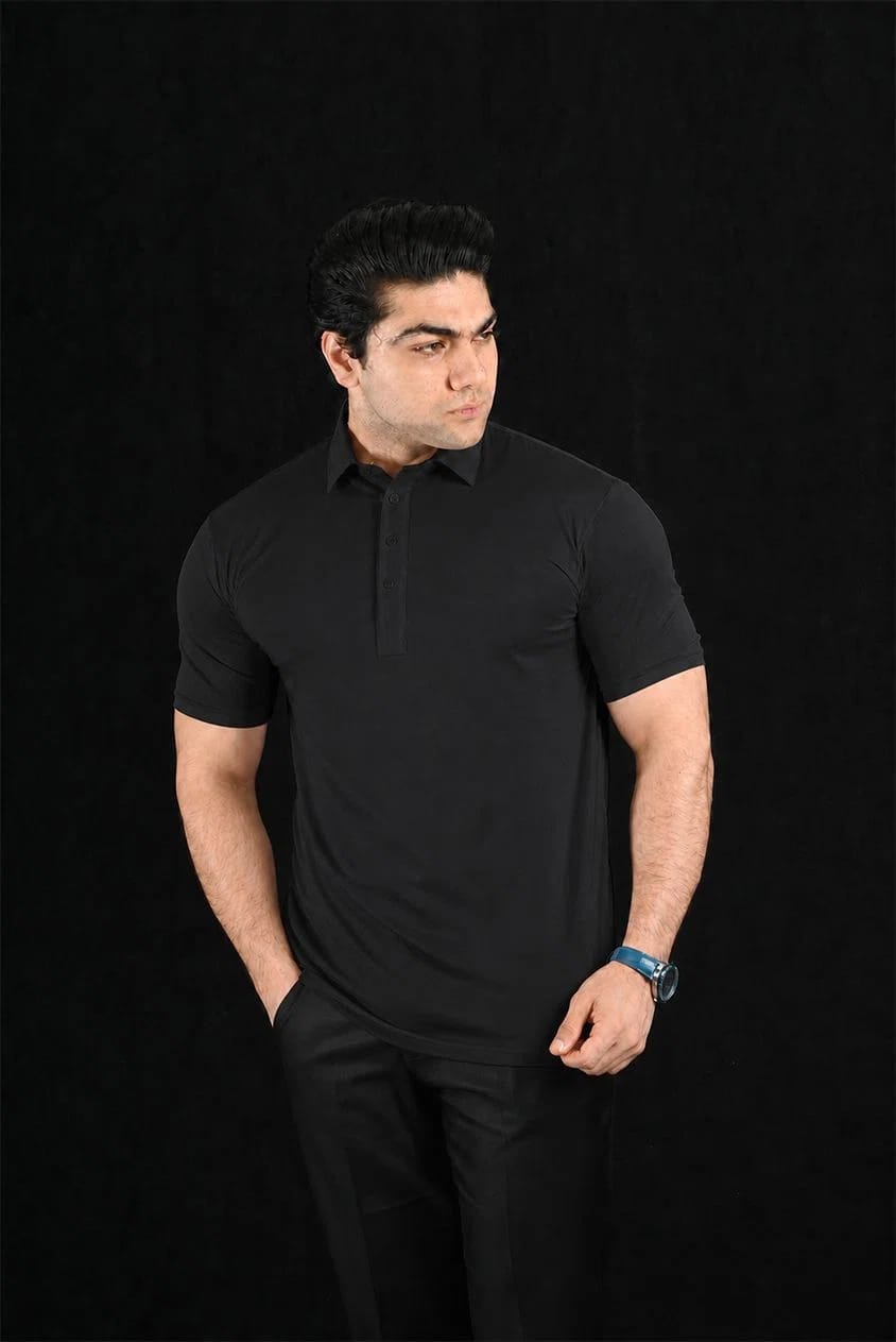 Plain Black Semi-Spread Dress Collar Polo – View 5