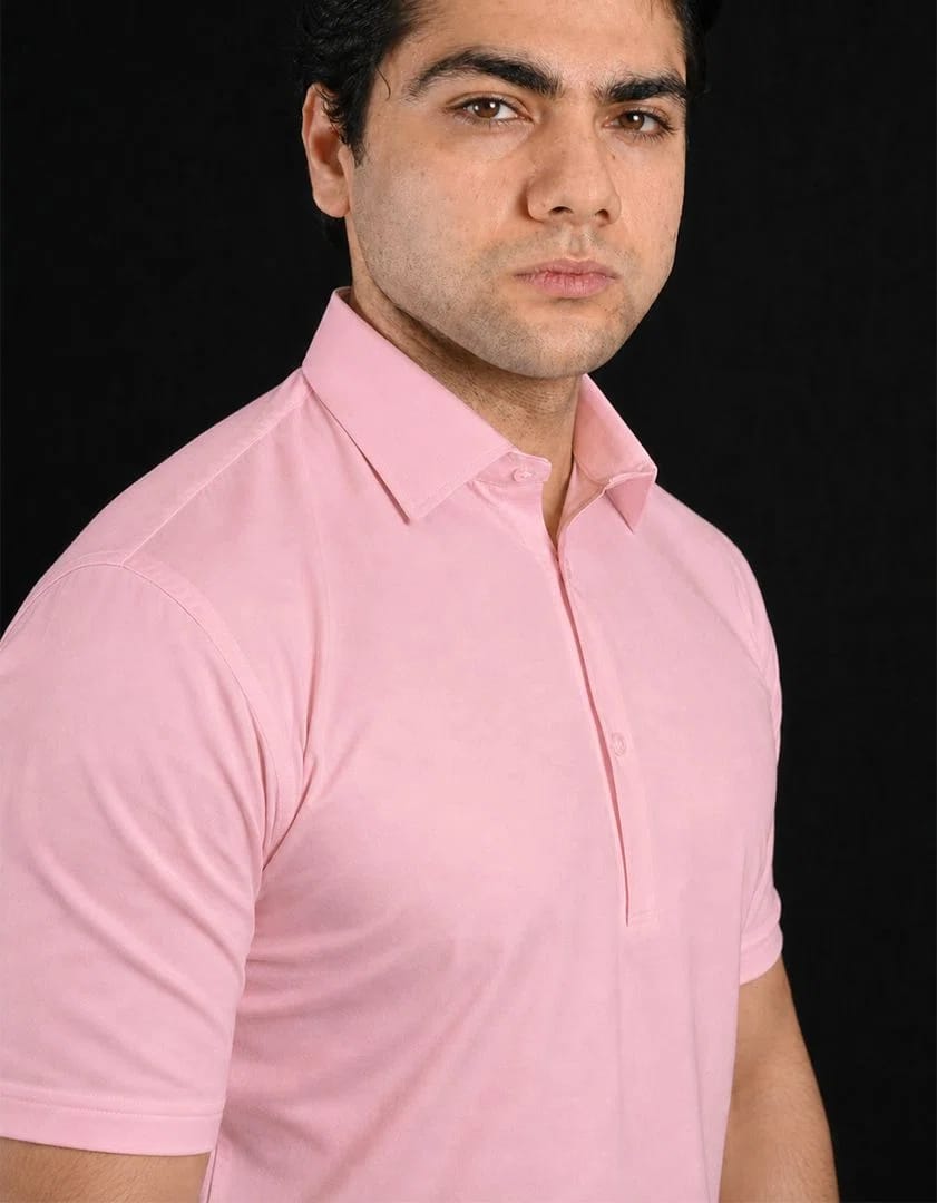 Plain Pink Semi-Spread Dress Collar Polo – View 5
