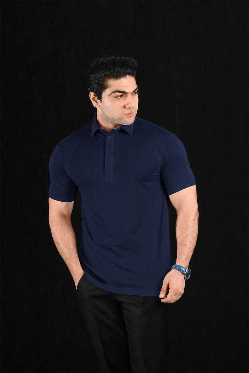 Plain Navy Semi-Spread Dress Collar Polo – View 3