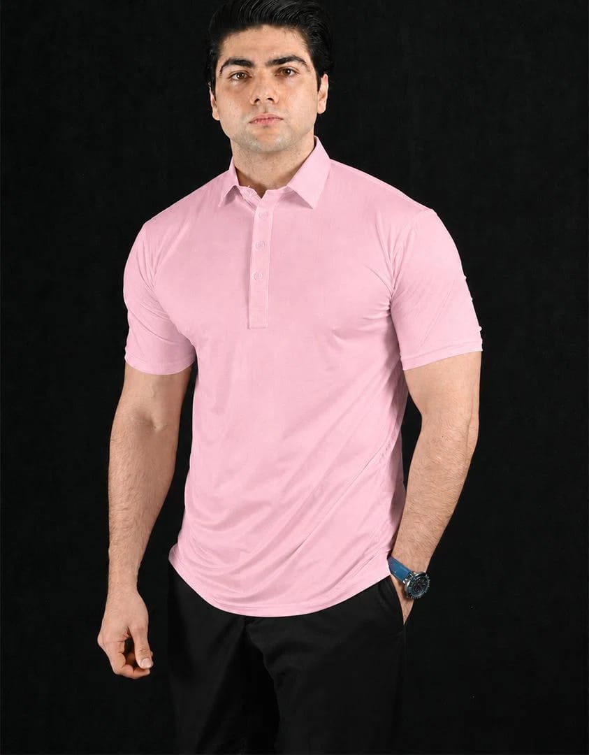 Plain Pink Semi-Spread Dress Collar Polo – View 3