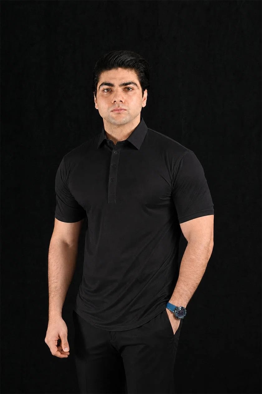 Plain Black Semi-Spread Dress Collar Polo – View 6