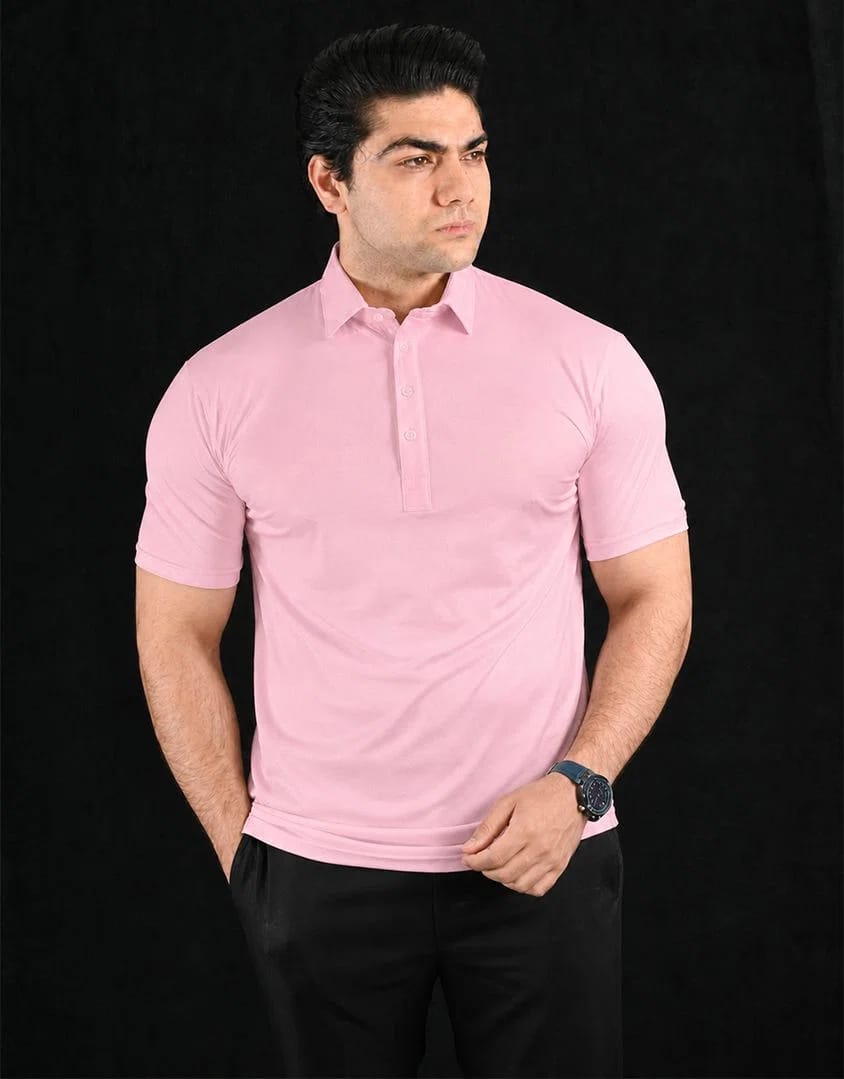 Plain Pink Semi-Spread Dress Collar Polo – View 4