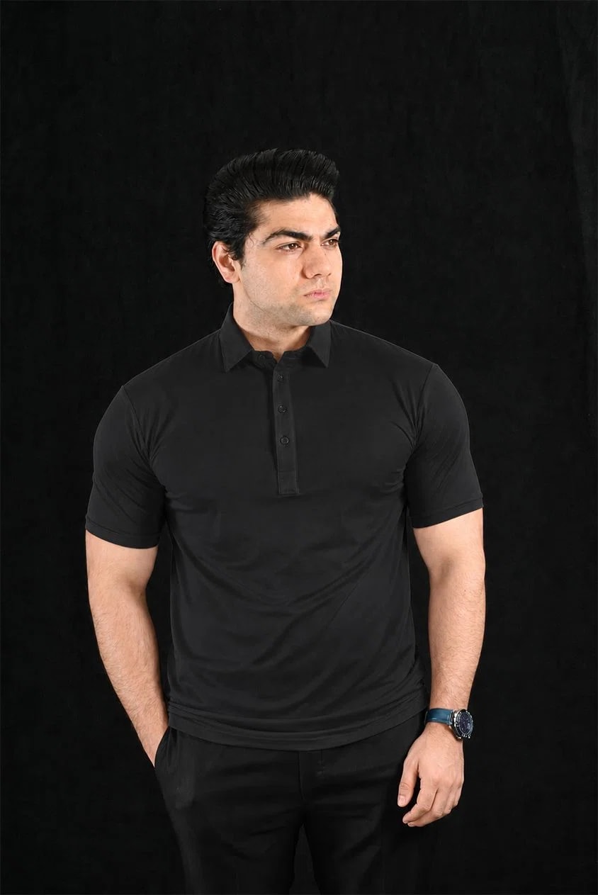 Plain Black Semi-Spread Dress Collar Polo – View 1