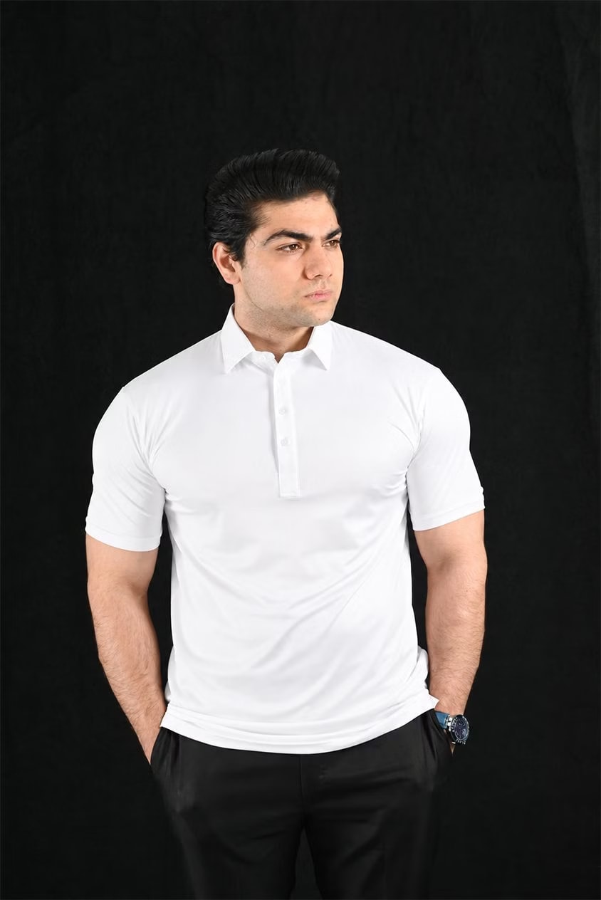 White Semi-Spread Dress Collar Polo – View 1