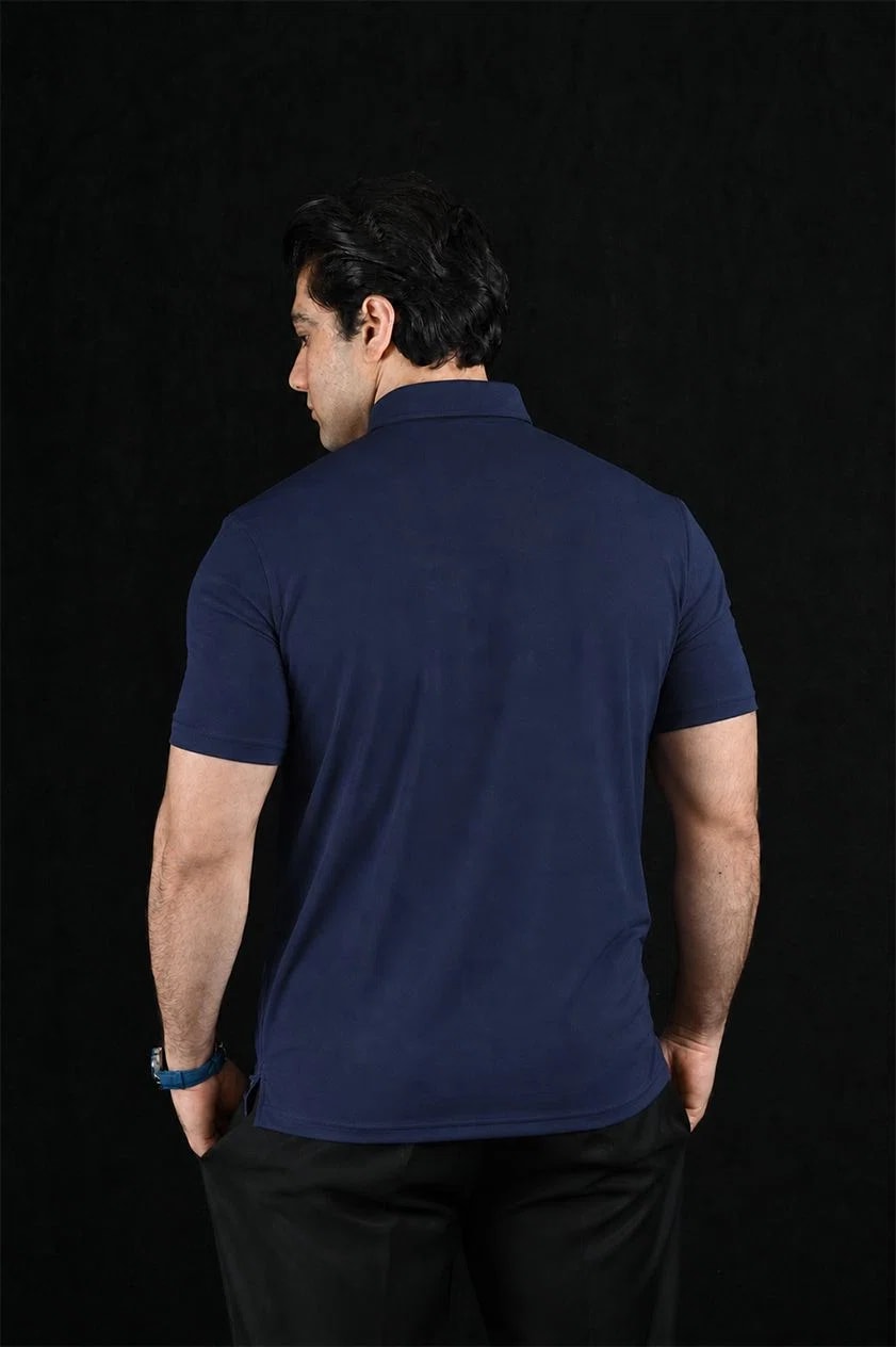 Plain Navy Semi-Spread Dress Collar Polo – View 2
