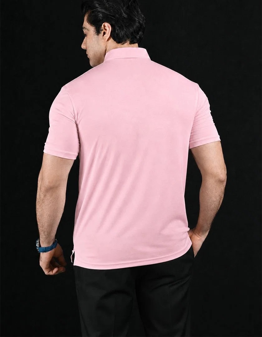 Plain Pink Semi-Spread Dress Collar Polo – View 2