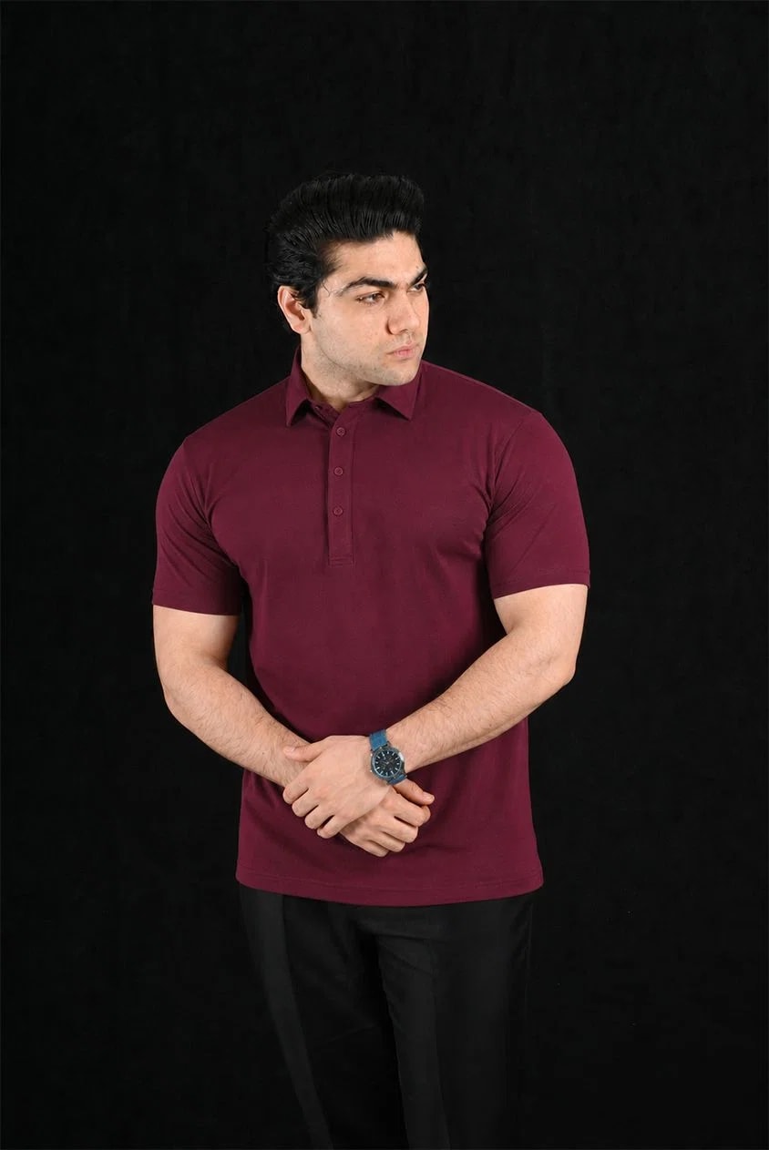 Plain Burgundy Semi-Spread Dress Collar Polo – View 1